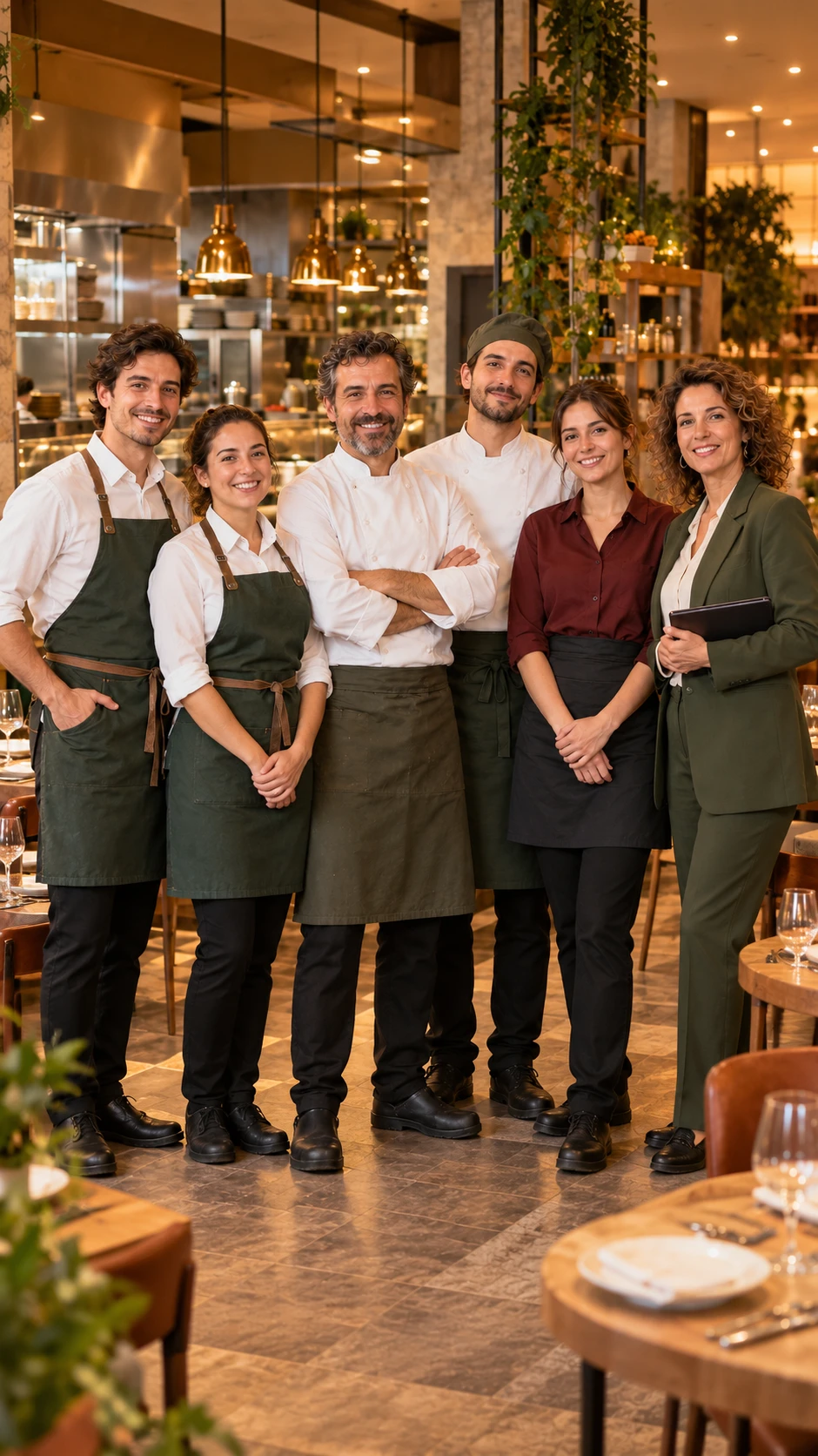 Equipo de un local sonriendo: cocineros, personal de sala y gerente